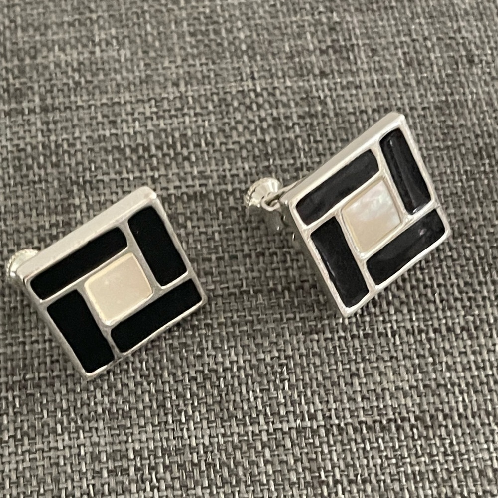 Vintage Napier Mother of Pearl Enamel 50” Silver-Tone Screw Back Earrings